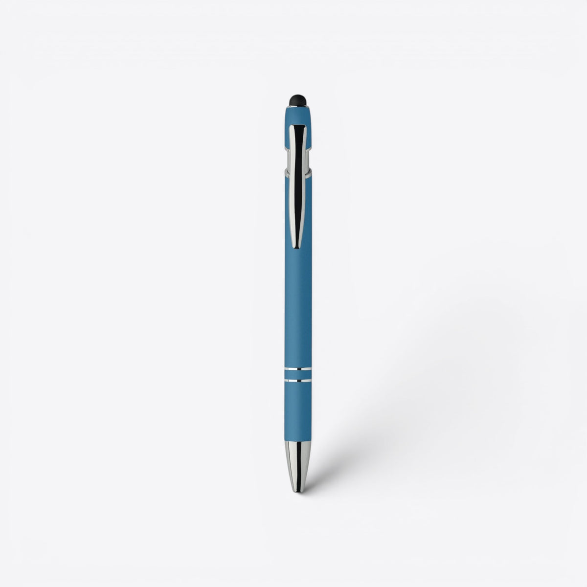Stylo bille bleu clair et argent avec embout tactile, vue de face