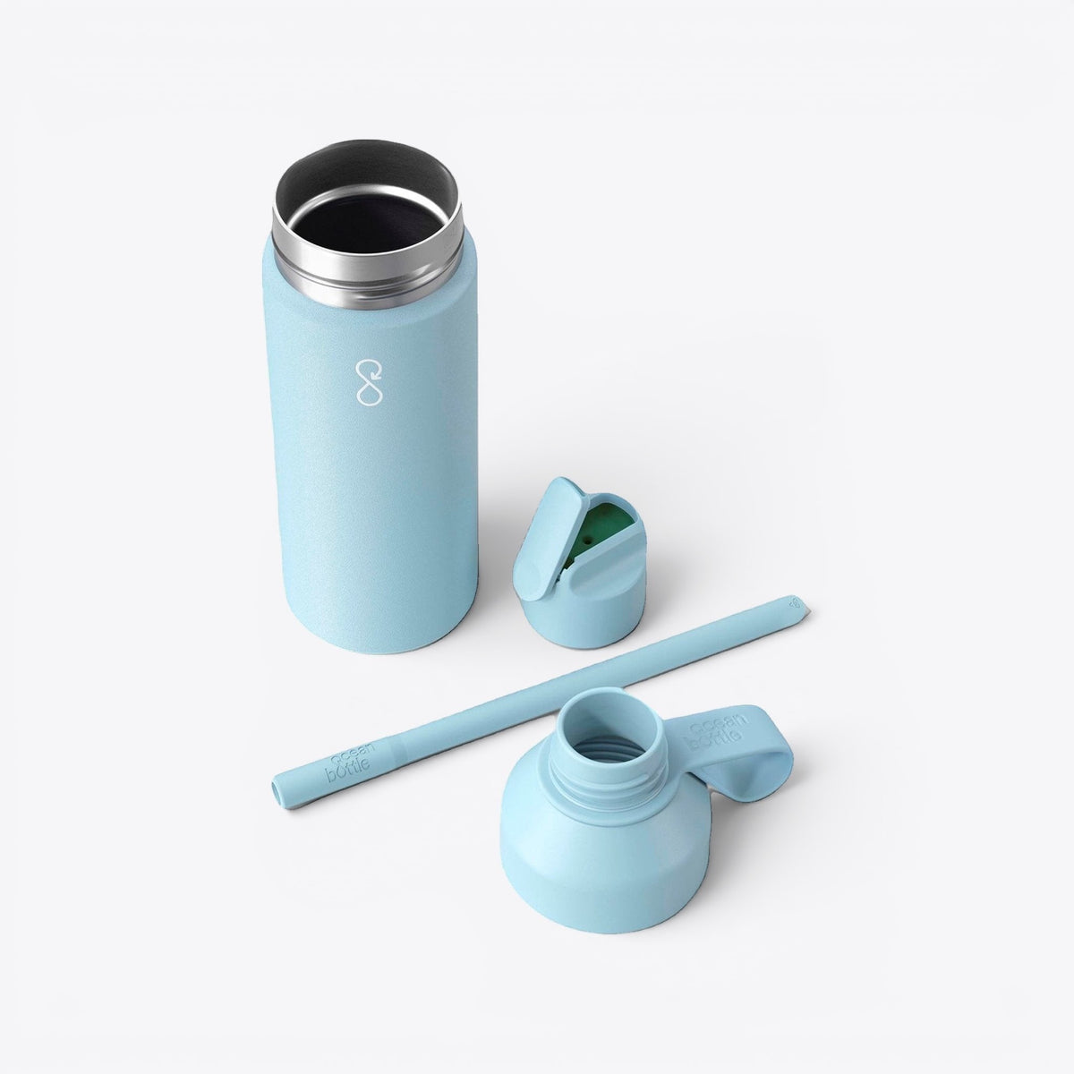 TODAY MERCH light blue 3-in-1 Ocean Bottle with stainless steel interior, straw, and two cap options.