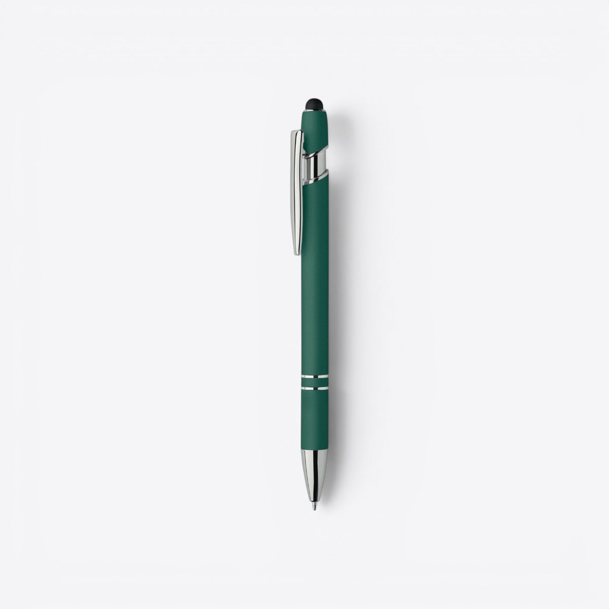Stylo bille vert et argent avec embout tactile, vue de profil