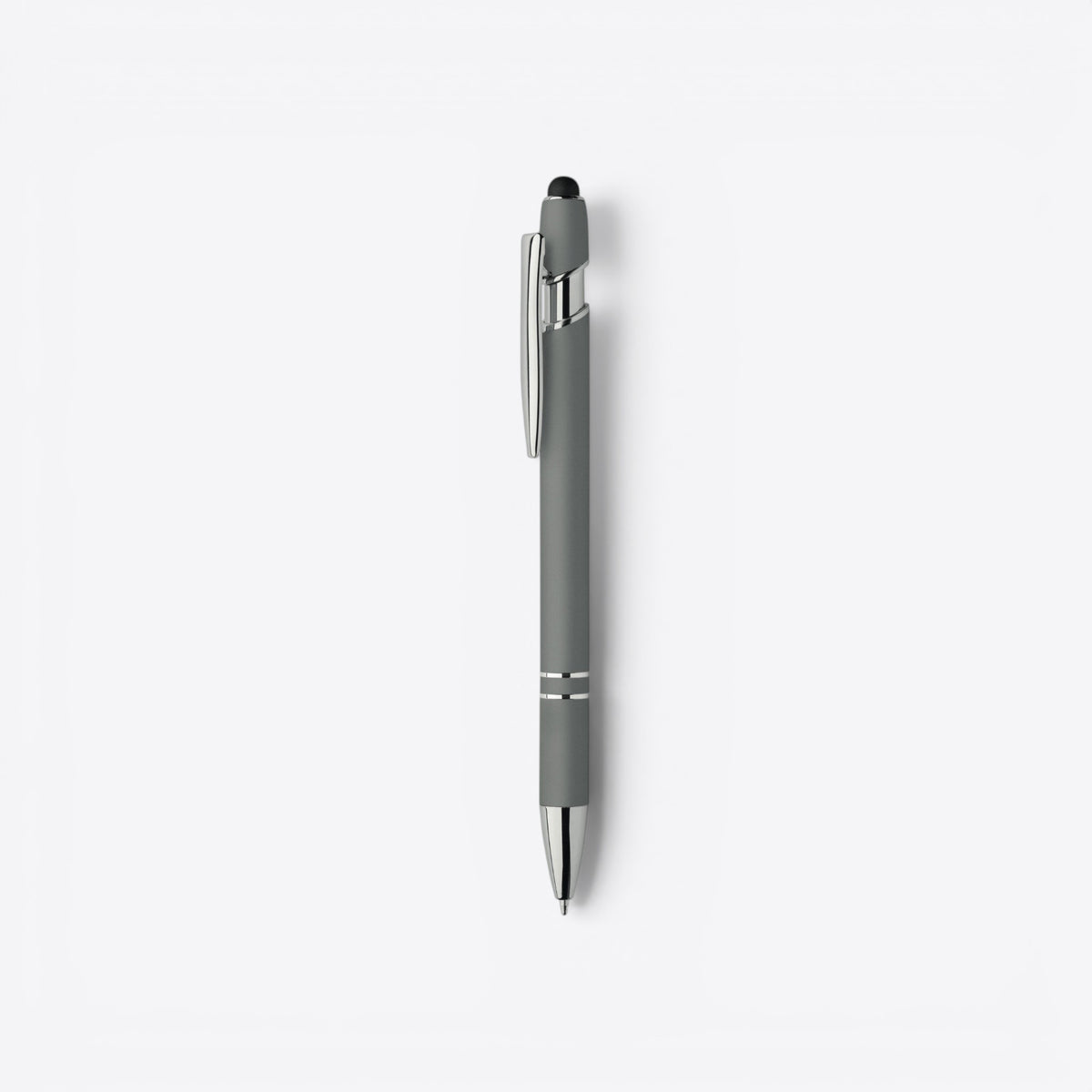 Stylo bille gris et argent avec embout tactile, vue de profil