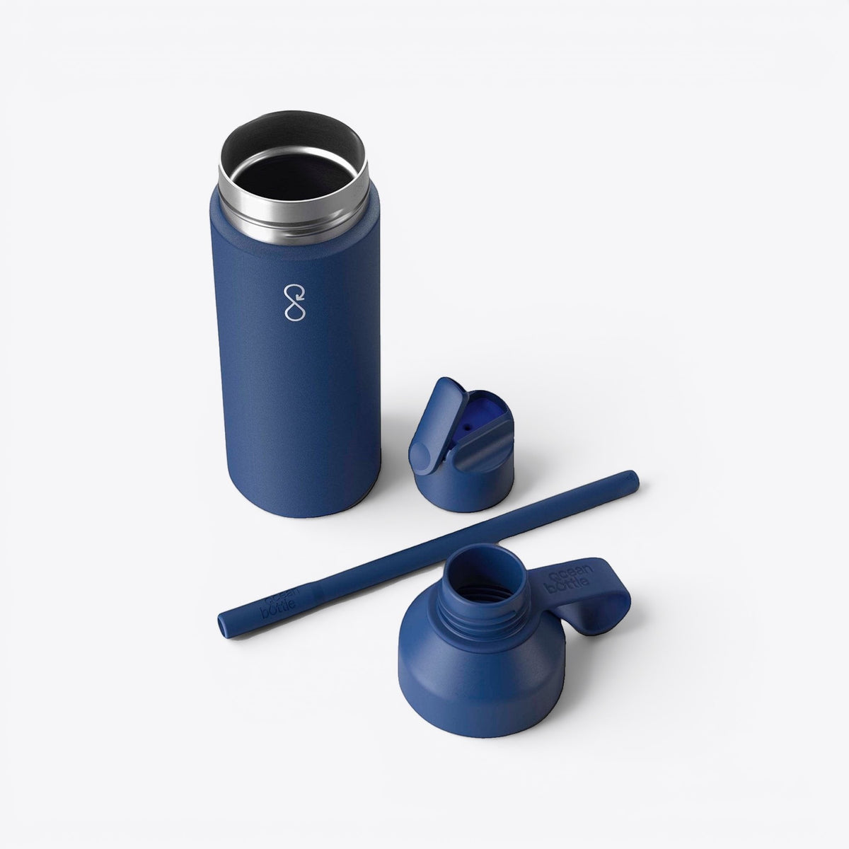 TODAY MERCH navy blue 3-in-1 Ocean Bottle with stainless steel interior, straw, and two cap options.