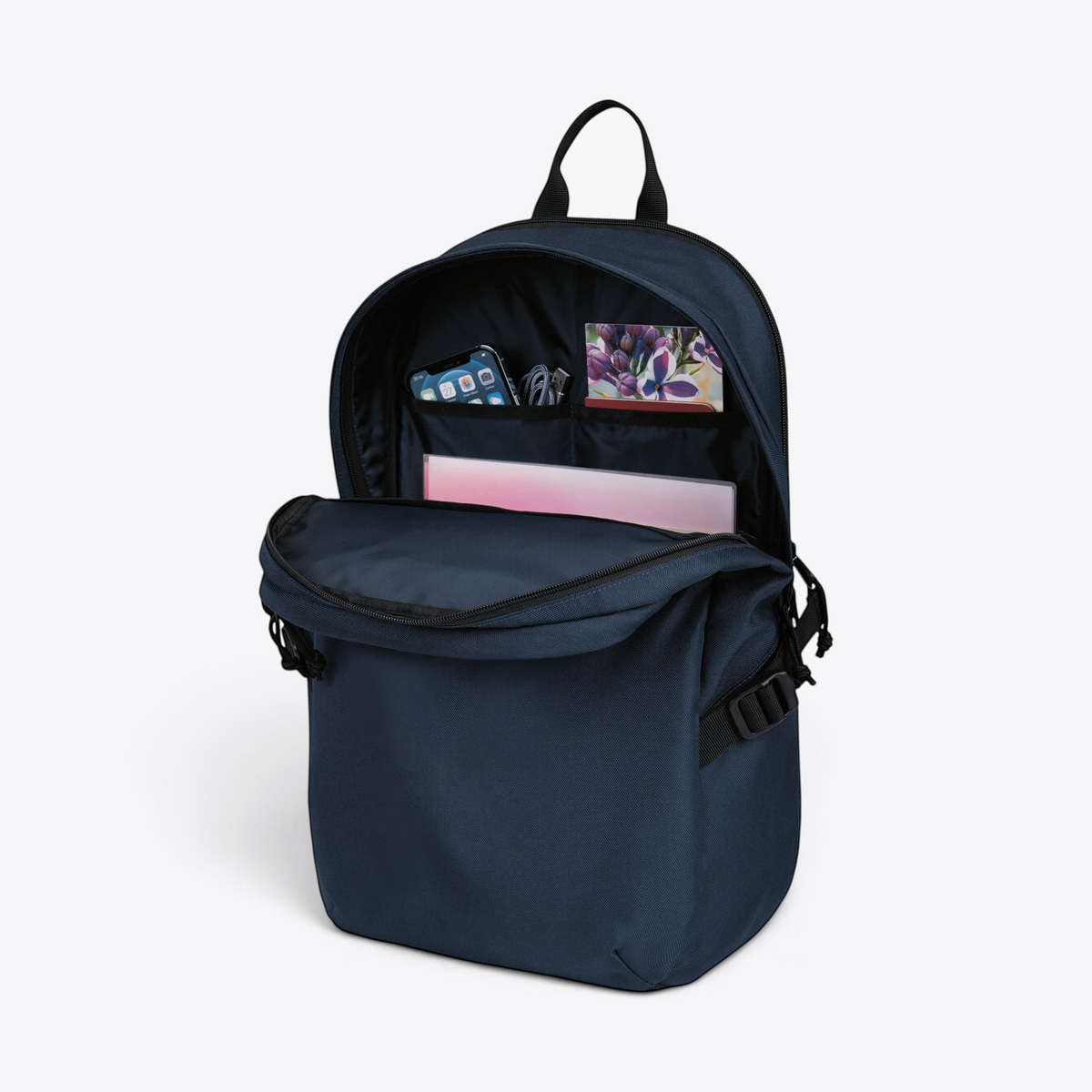 TODAY MERCH navy blue rPET laptop backpack with open main compartment showing interior organization pockets