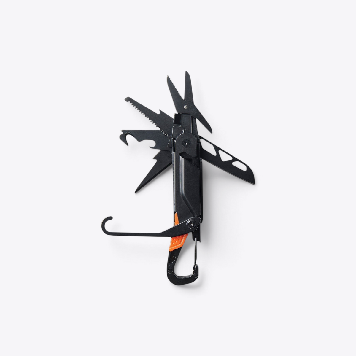 TODAY MERCH Nordic Drift 12-in-1 stainless steel multi-tool in black with orange accents and integrated carabiner