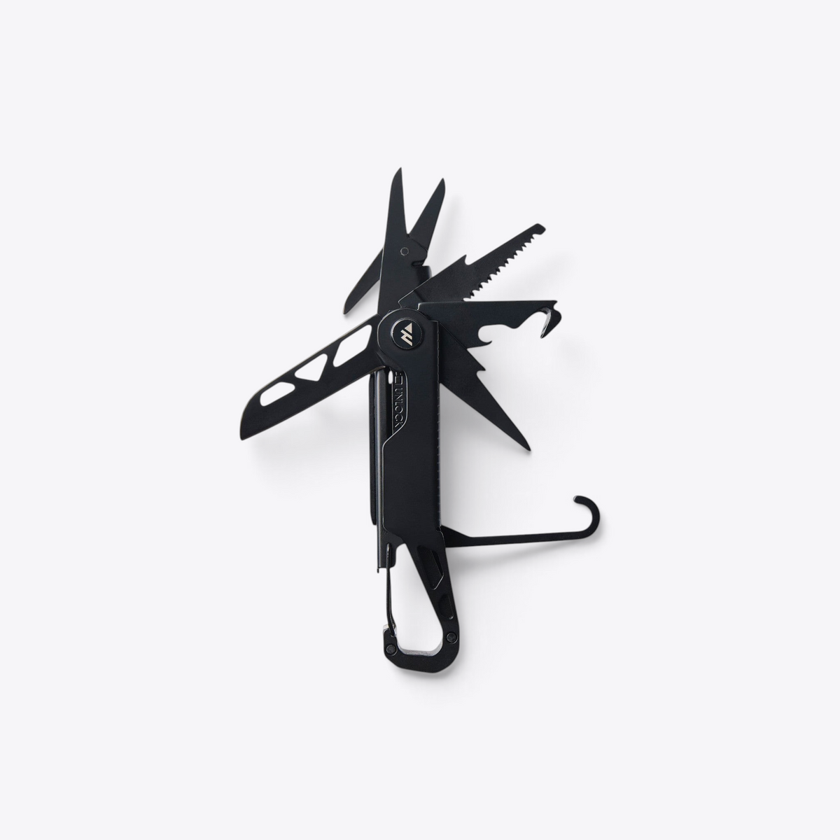 TODAY MERCH Nordic Drift 12-in-1 black stainless steel multi-tool with carabiner, knife, and saw blades.