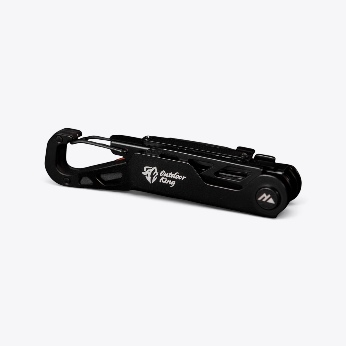 TODAY MERCH Nordic Drift 12-in-1 stainless steel multi-tool in matte black with carabiner and Outdoor King branding
