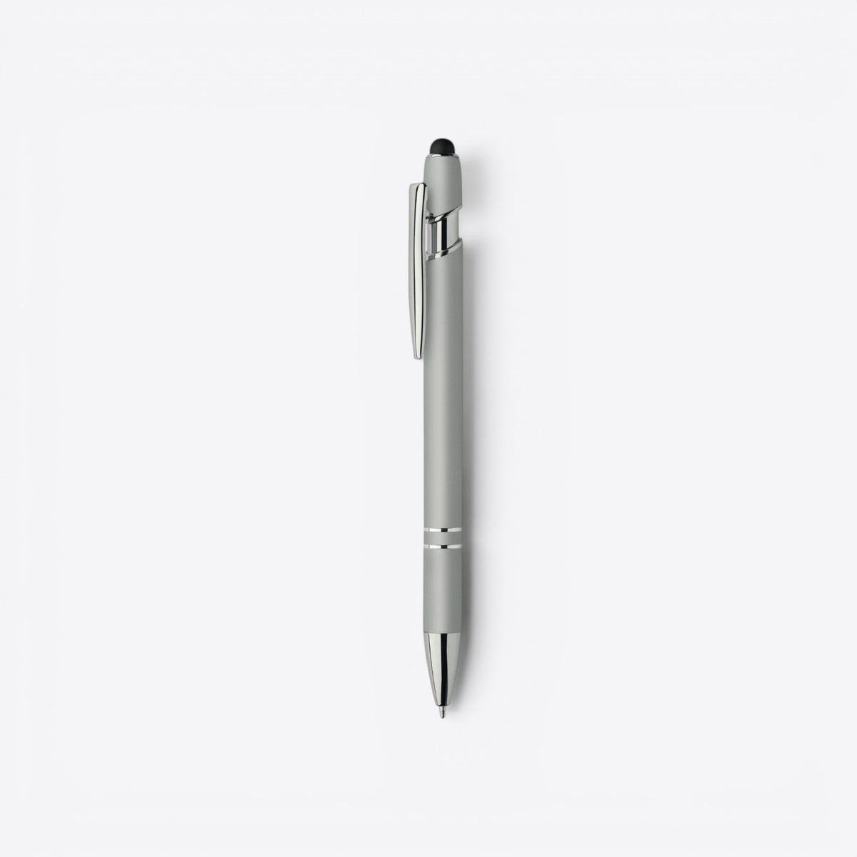 Stylo bille argent avec embout tactile noir, vue de profil