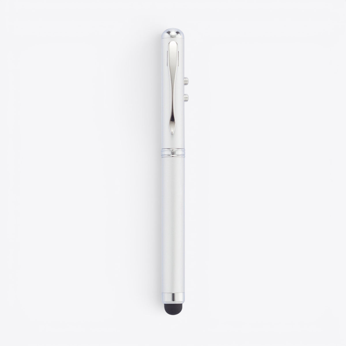 Stylo multifonction argenté avec agrafe et embout tactile noir, vue de profil