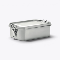 Lunchbox métallique argentée fermée, vue trois quarts