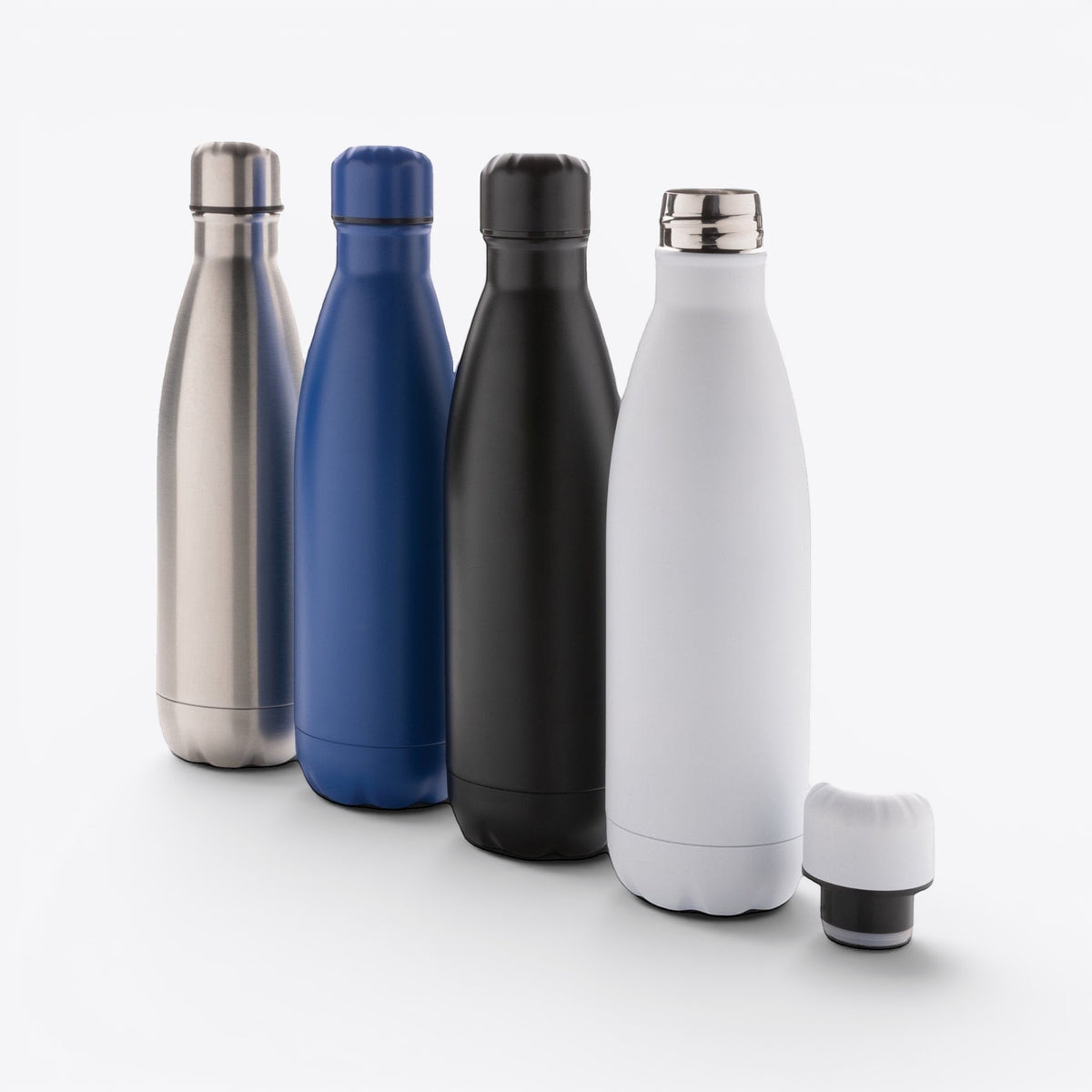 TODAY MERCH stainless steel water bottles in silver, blue, black, and white. Functional, durable, and customizable for professional use.