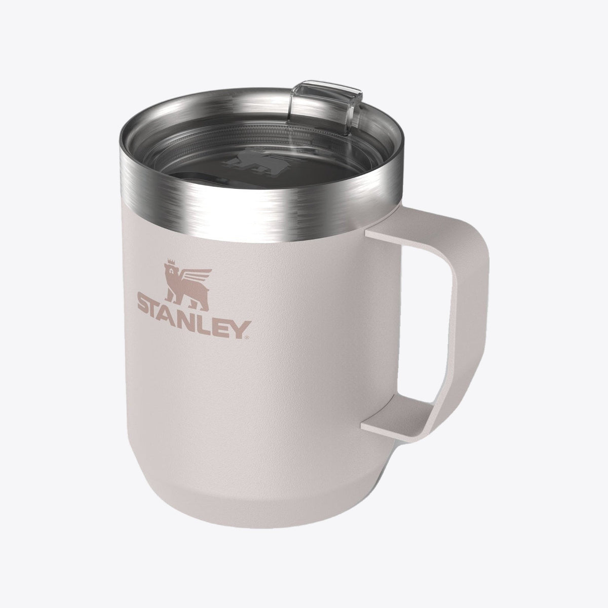Tasse Stanley rose avec couvercle, vue trois quarts