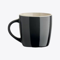 Black ceramic cup with handle on the left, front view