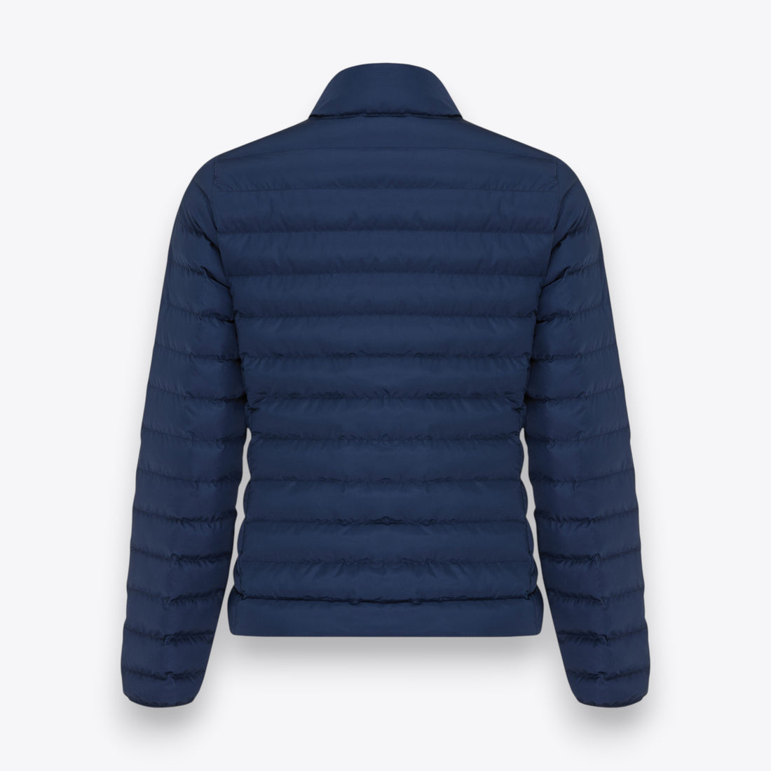 Long sleeve navy blue quilted jacket for women, back view