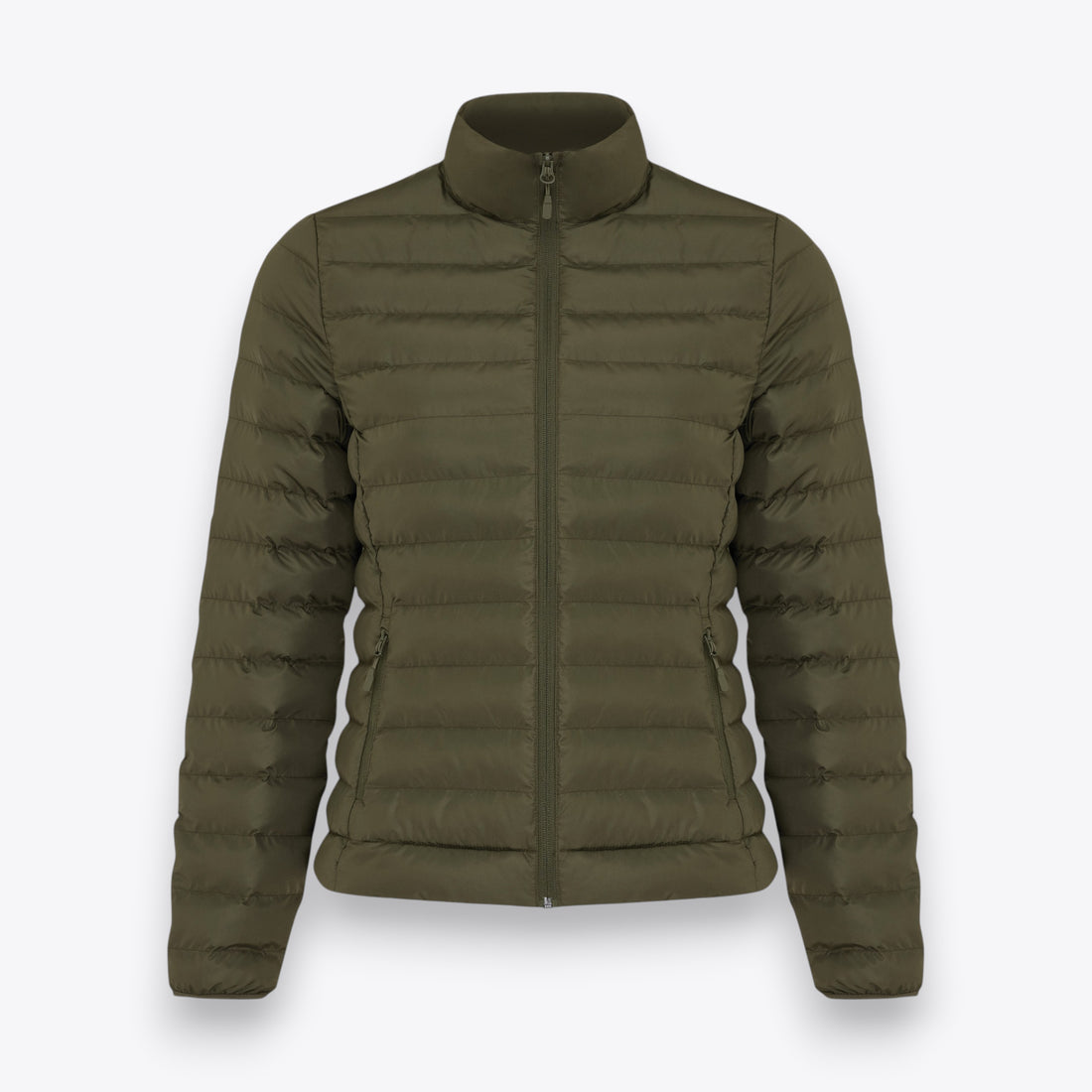 Long sleeve khaki quilted jacket for women, front view