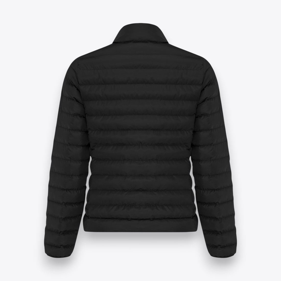 Long sleeve black quilted jacket for women, rear view