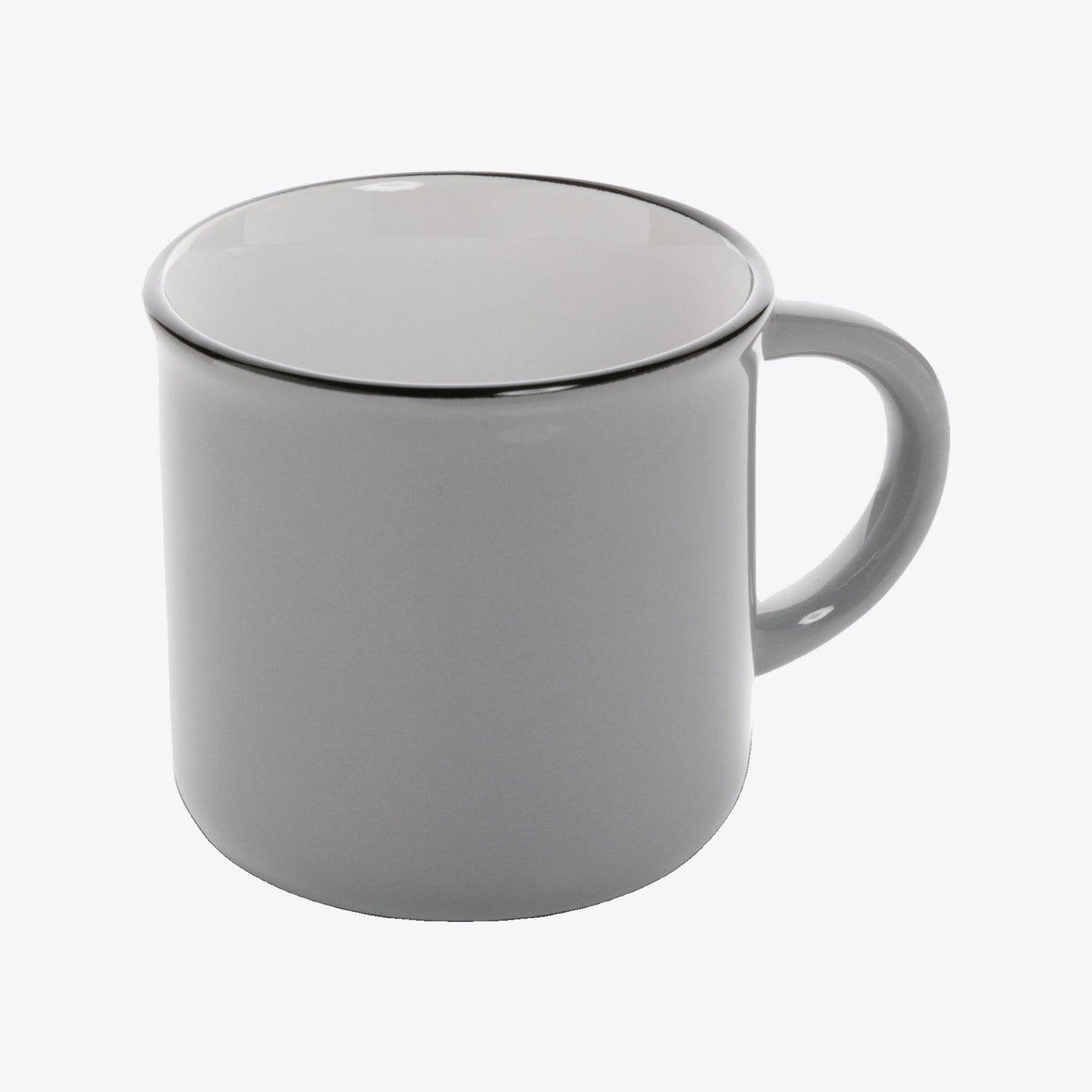 Tasse vintage en céramique grise, vue trois quarts