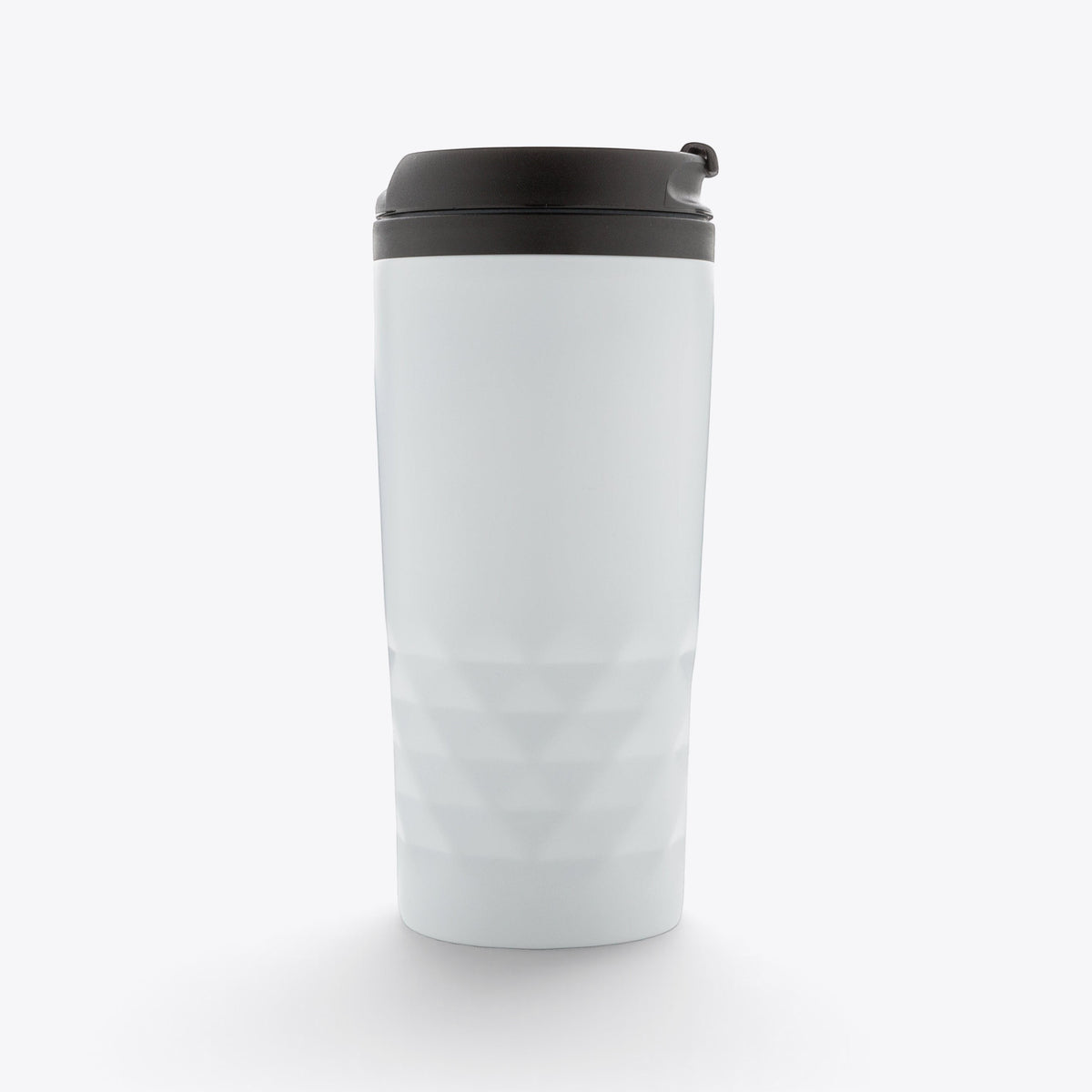 TODAY MERCH 300ml white insulated travel mug with a geometric textured stainless steel exterior and black lid.