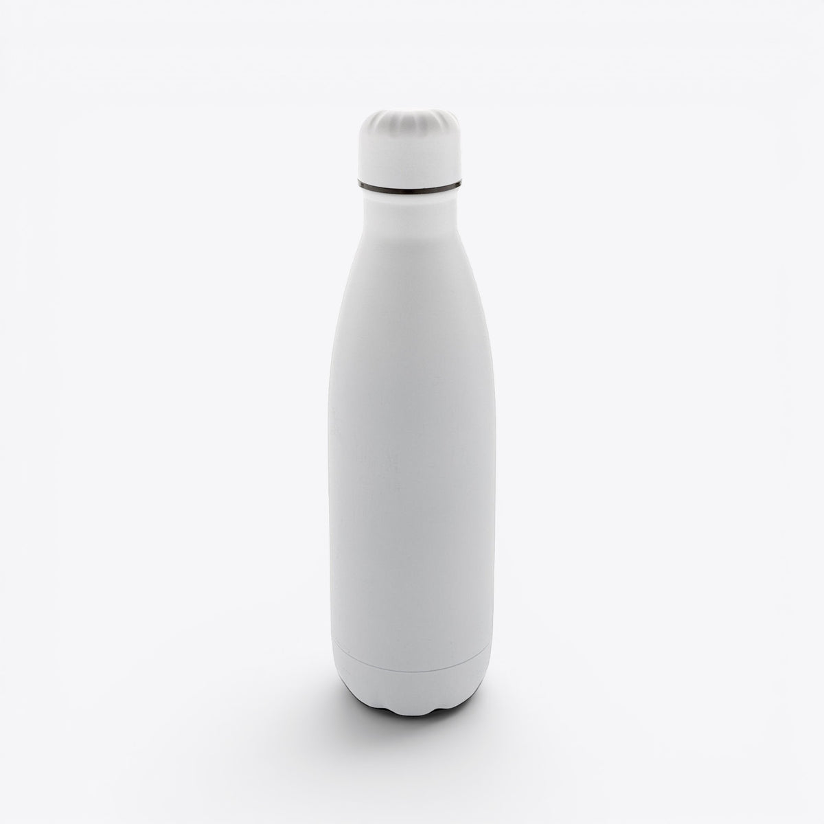 TODAY MERCH white stainless steel water bottle with a ribbed cap and black accent ring. Functional design for daily use.