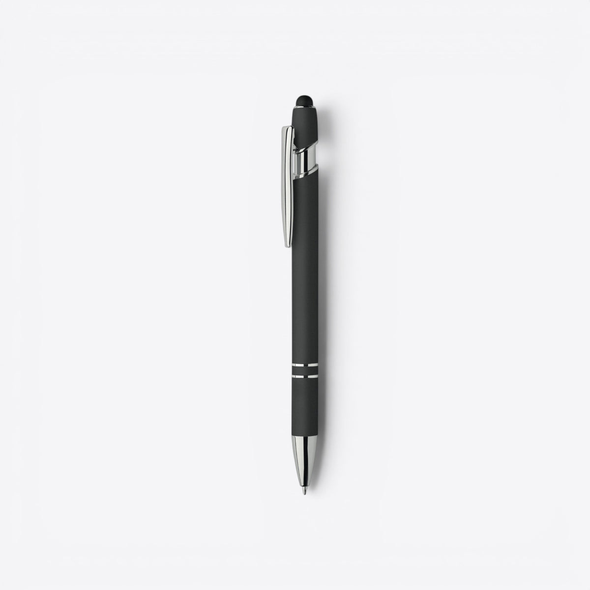 Stylo bille noir et argent avec embout tactile, vue de profil