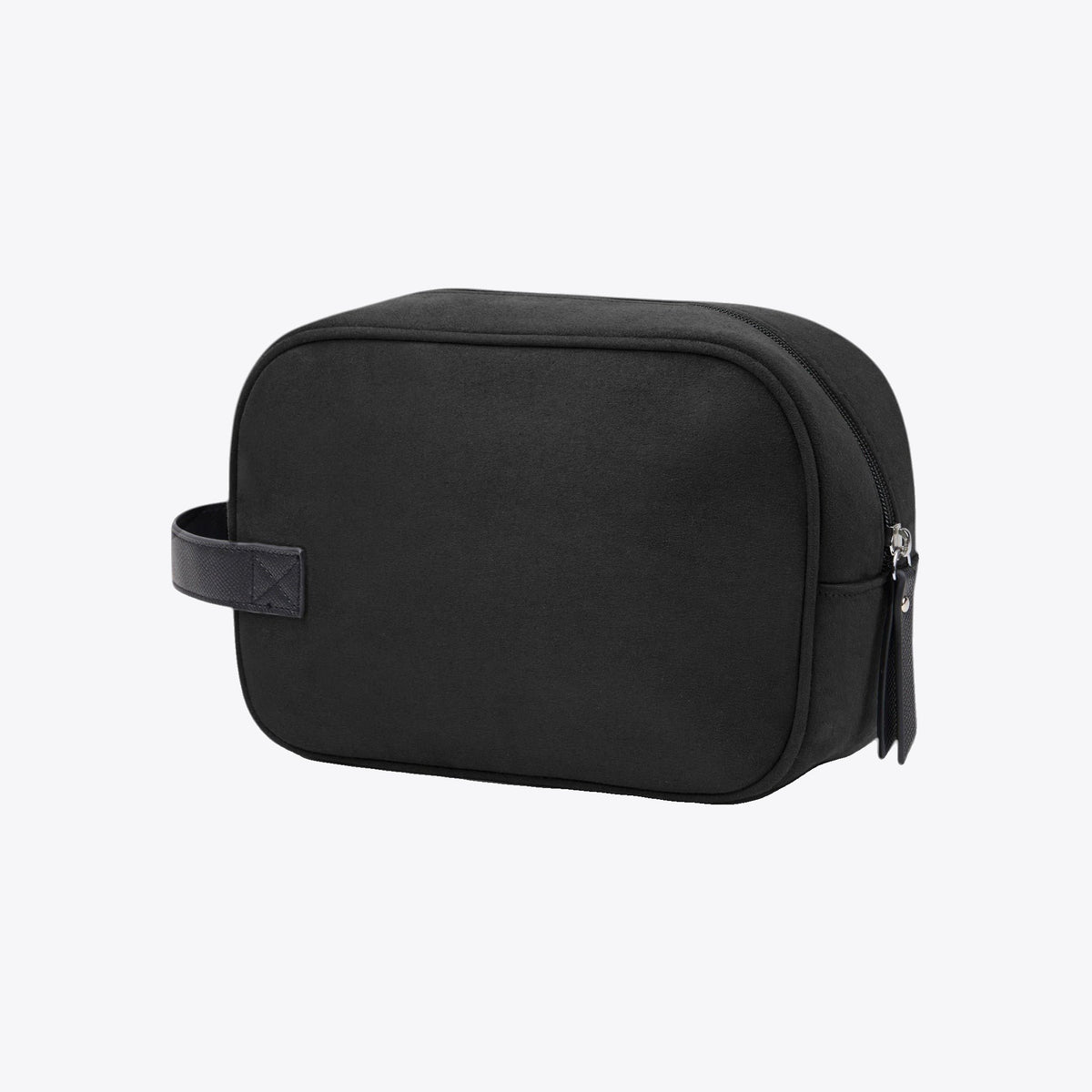 Trousse de toilette en polyester recyclé noire, vue trois quarts