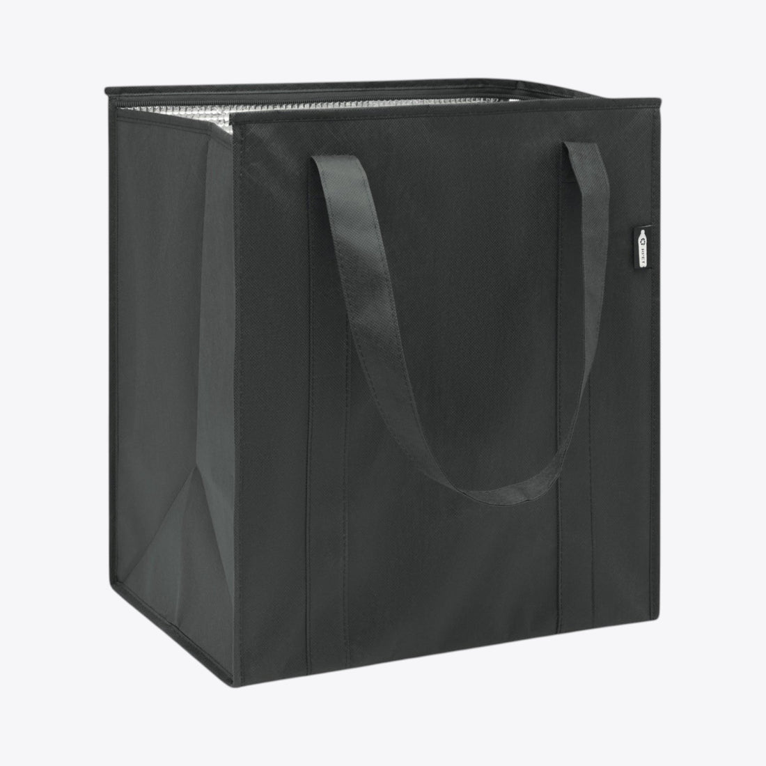 Open black handle lunch bag, visible inner lining