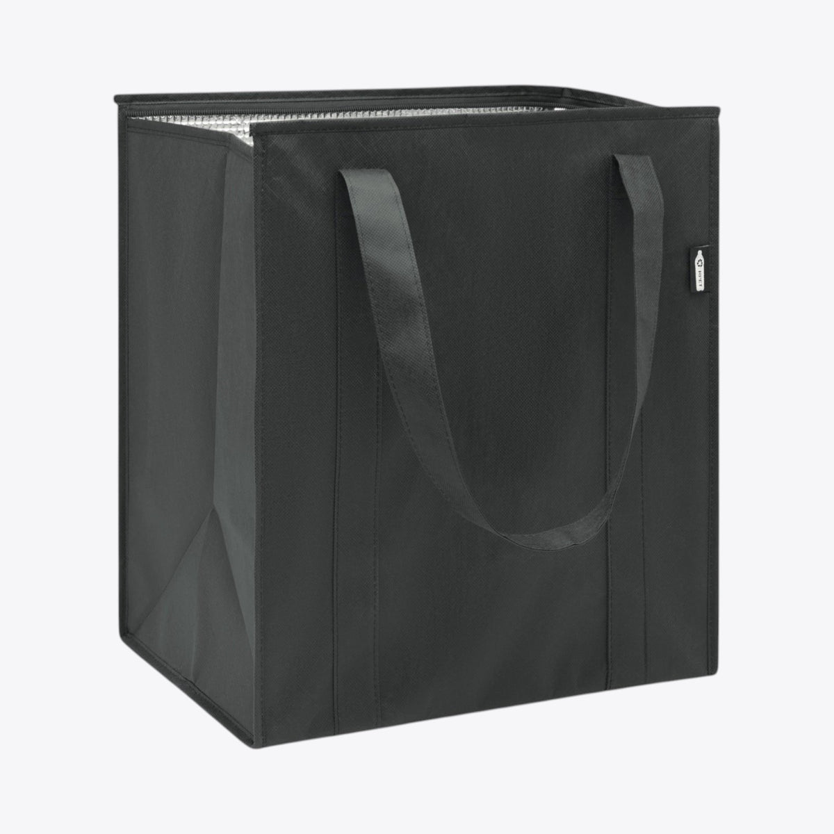 Sac déjeuner à anses noir ouvert, doublure intérieure visible