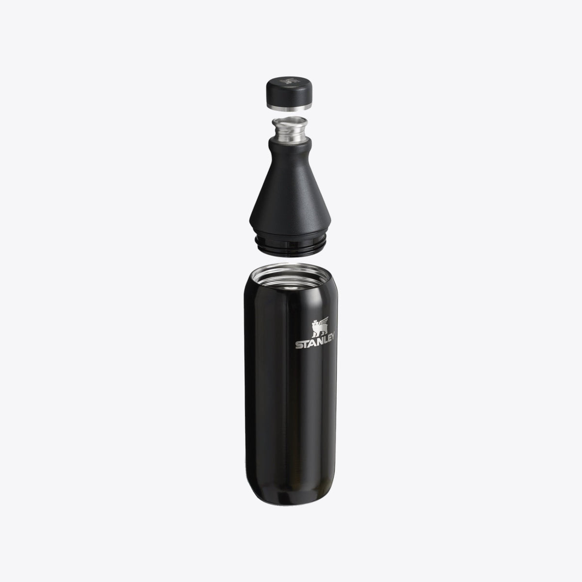 Bouteille isotherme Stanley noire ouverte avec bouchon et goulot démontés