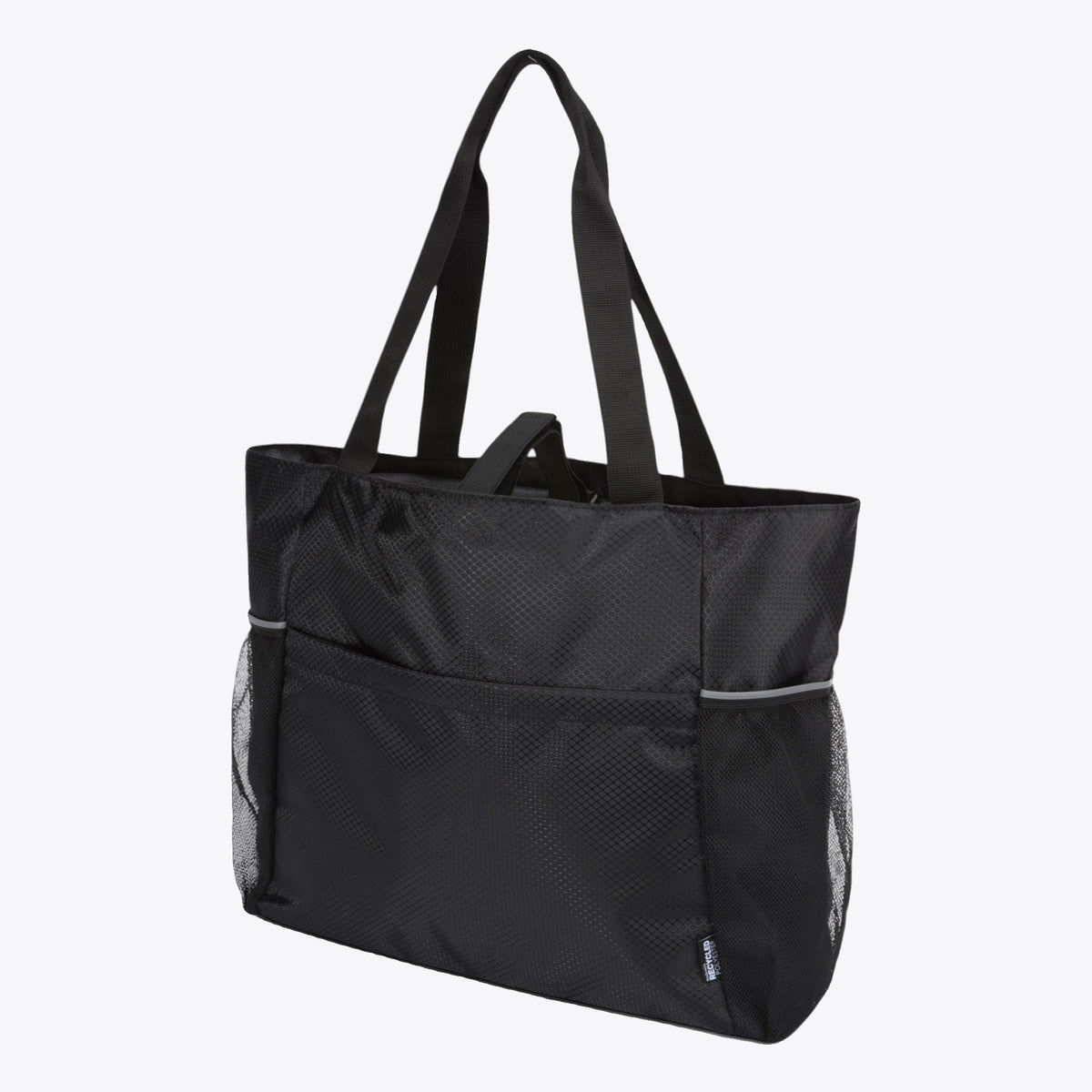 Sac de yoga noir avec doubles anses et poches en filet, vue trois quarts