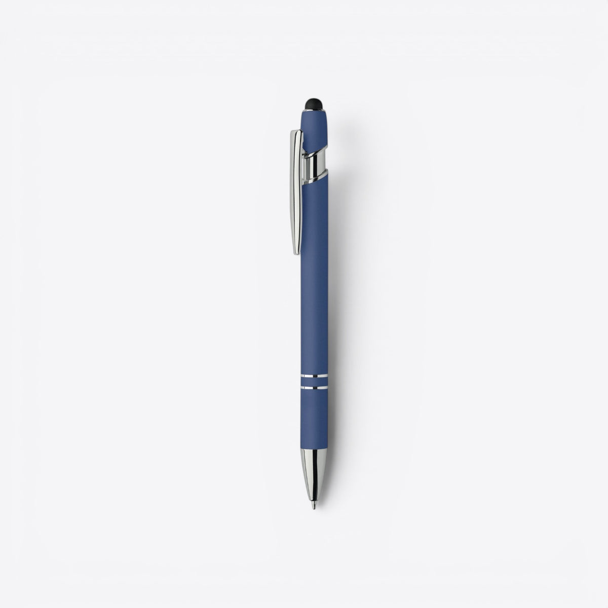 Stylo bille bleu roi et argent avec embout tactile, vue de profil