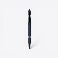 Stylo bille bleu marine et argent avec embout tactile, vue de face
