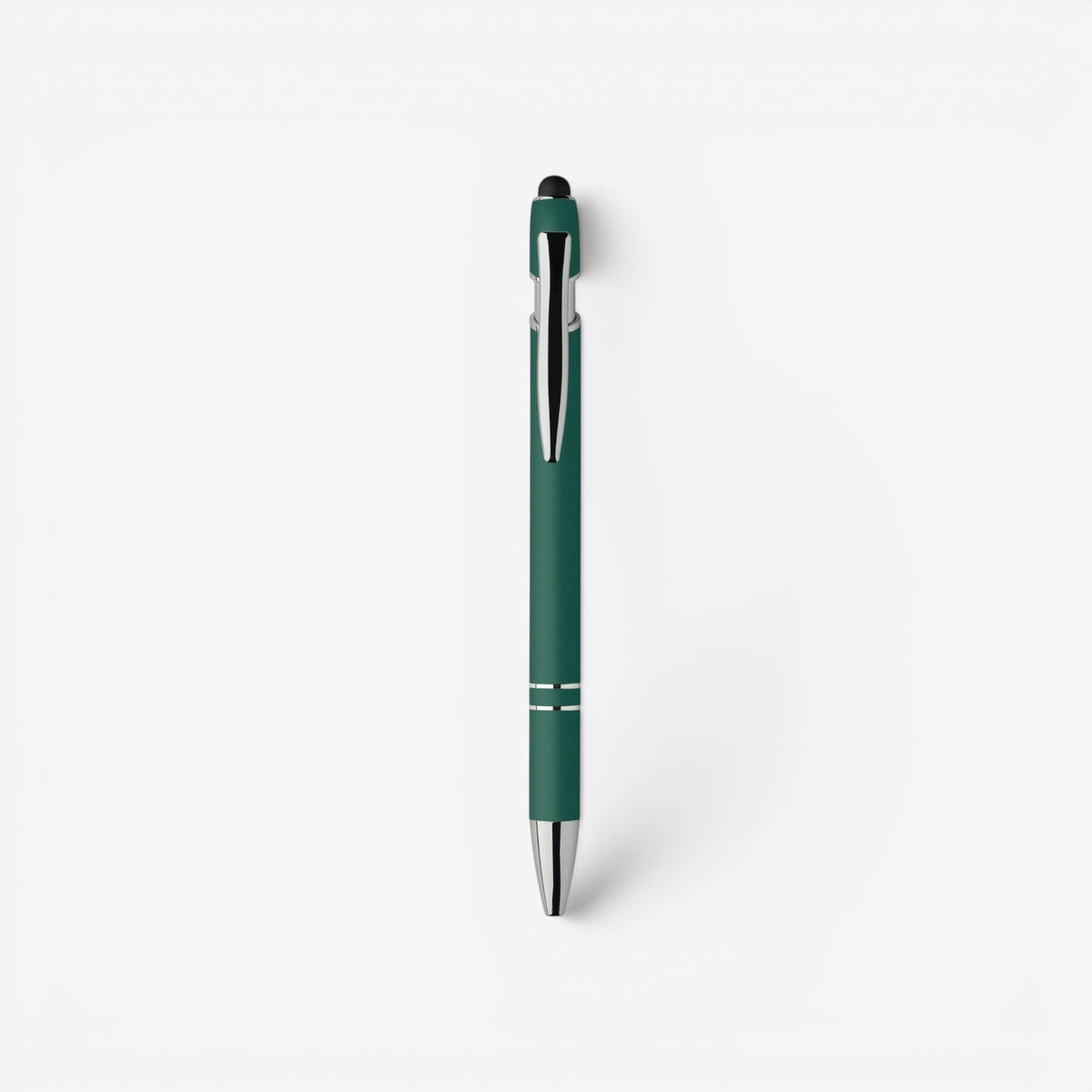 Stylo bille vert et argent avec embout tactile, vue de face
