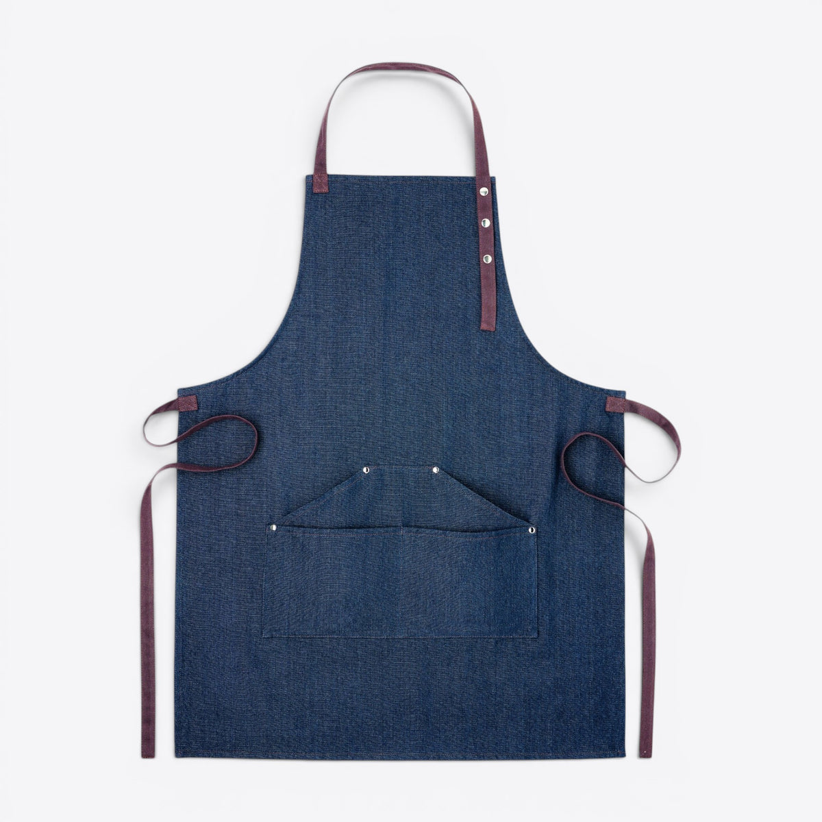 Tablier unisexe en denim bleu marine avec poche avant, vue de face