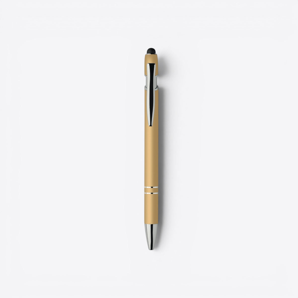 Stylo bille jaune doré et argent avec embout tactile, vue de face