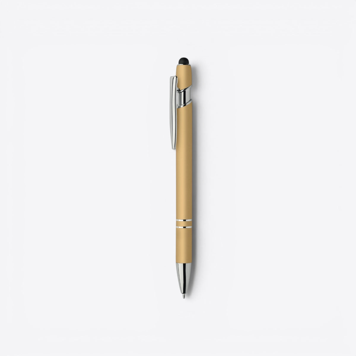 Stylo bille jaune doré et argent avec embout tactile, vue de profil