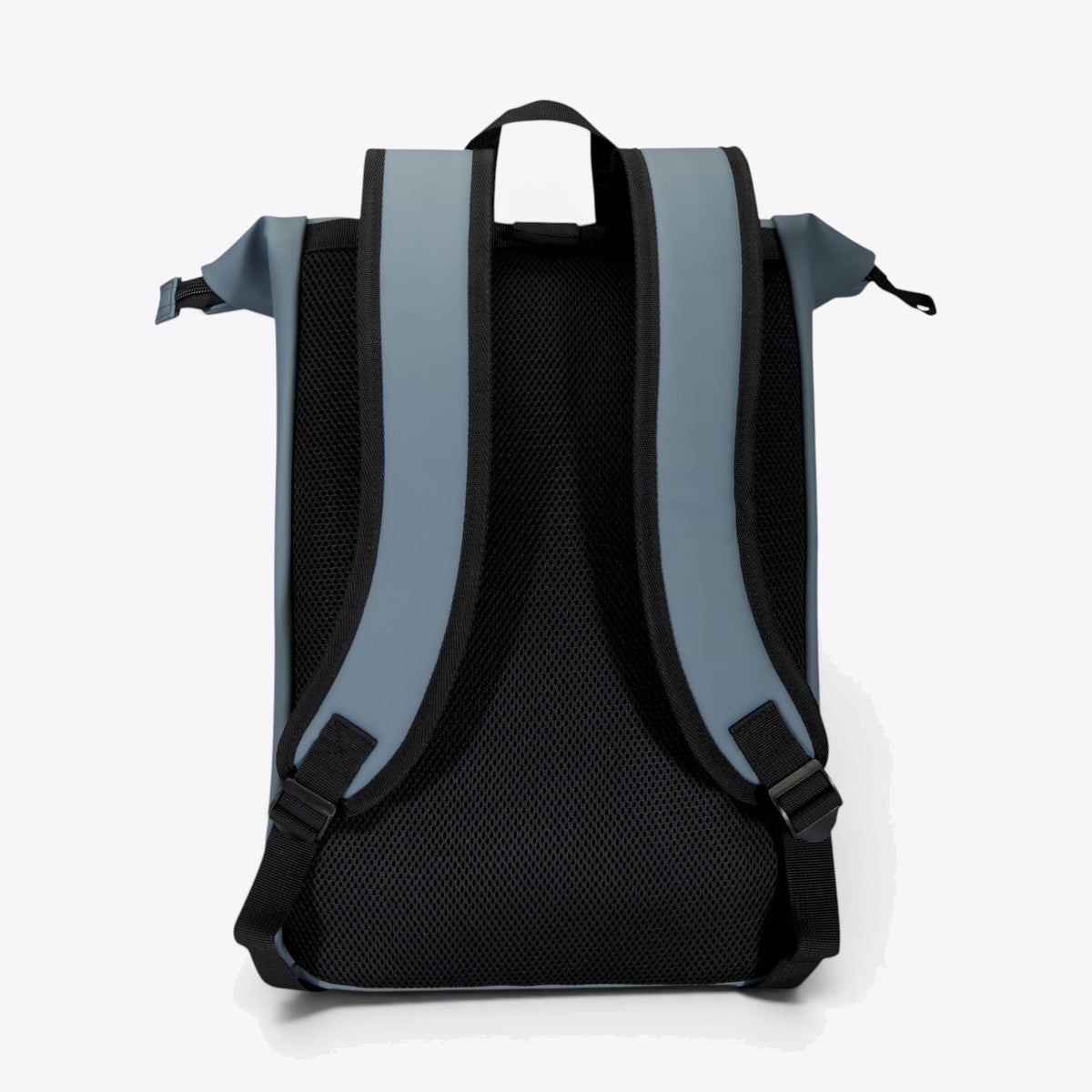 Sac à dos à rabat roulé bleu, vue arrière avec bretelles