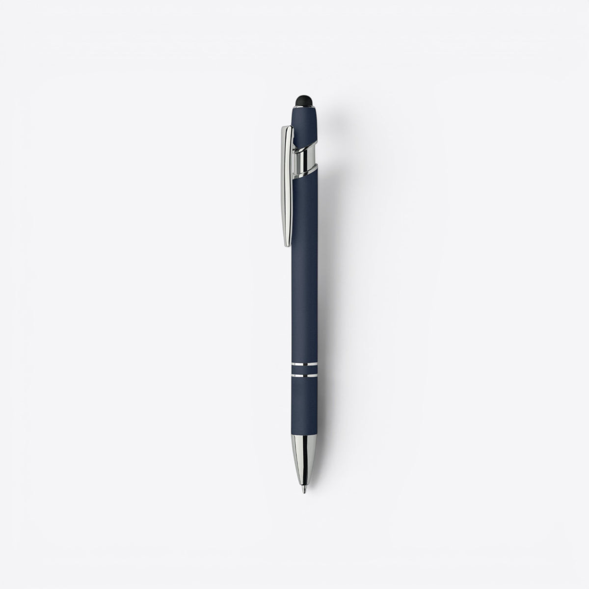 Stylo bille bleu marine et argent avec embout tactile, vue de profil