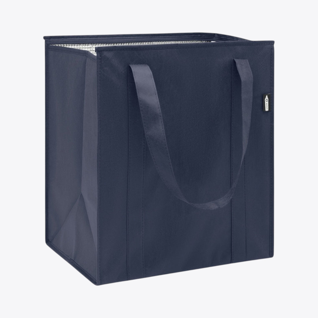 Open navy blue handle lunch bag, visible inner lining