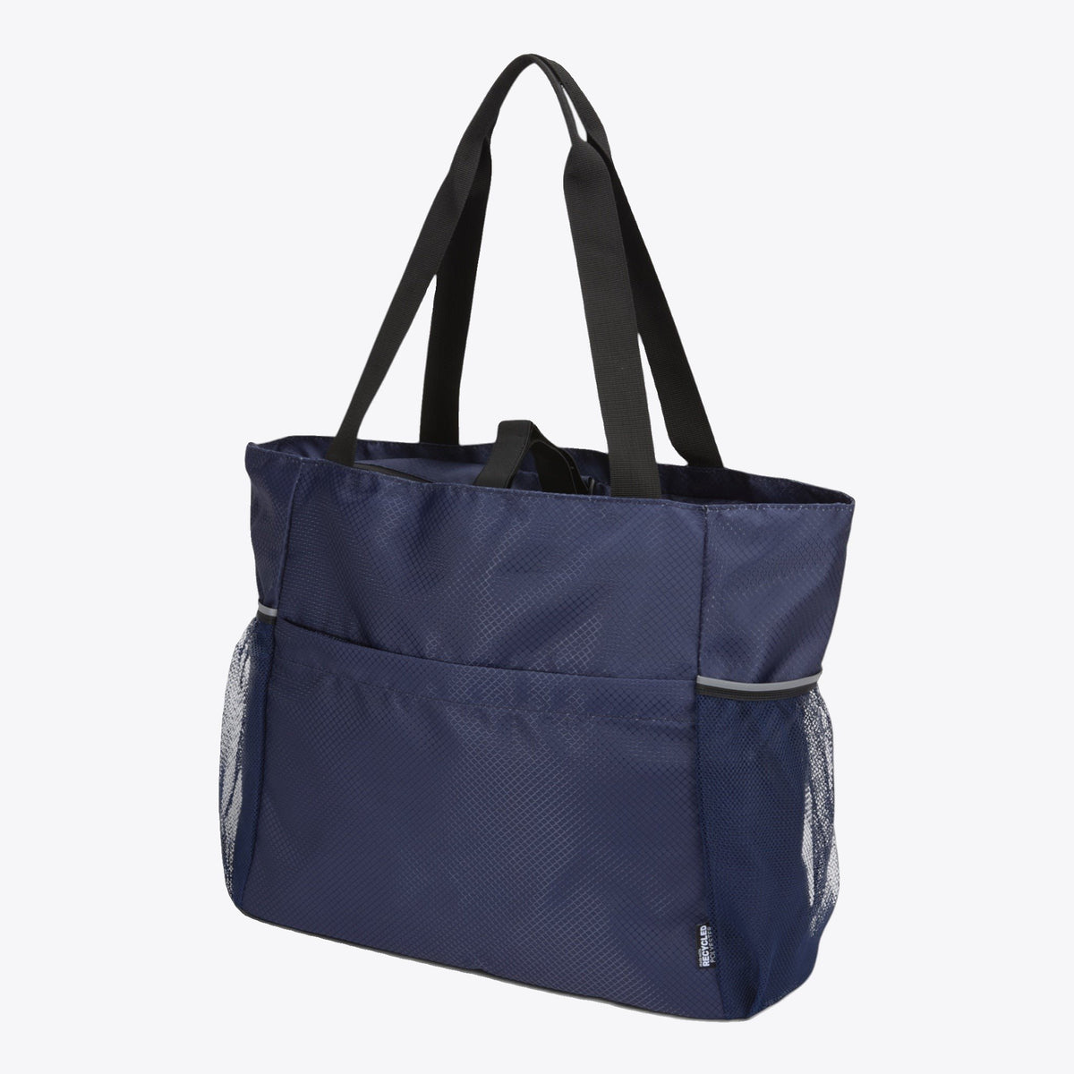 Sac de yoga bleu marine avec poches en filet, vue trois quarts