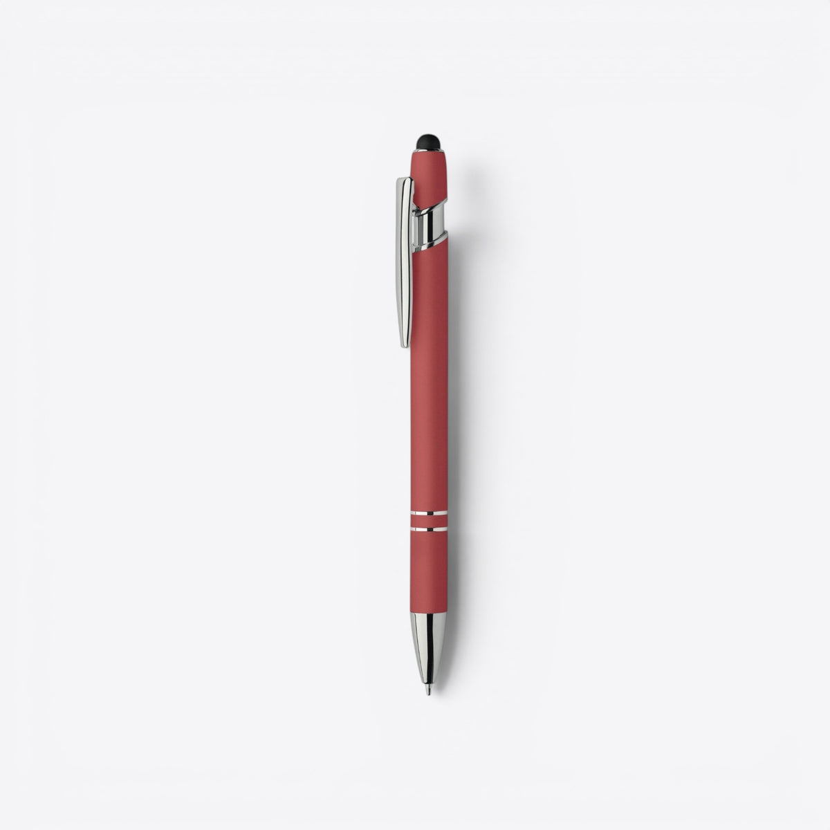 Stylo bille rouge et argent avec embout tactile, vue de profil