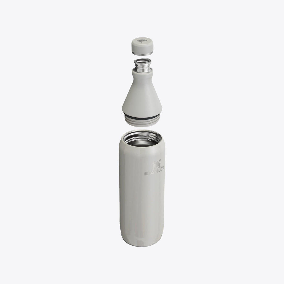 Bouteille isotherme Stanley gris clair ouverte avec bouchon et goulot démontés