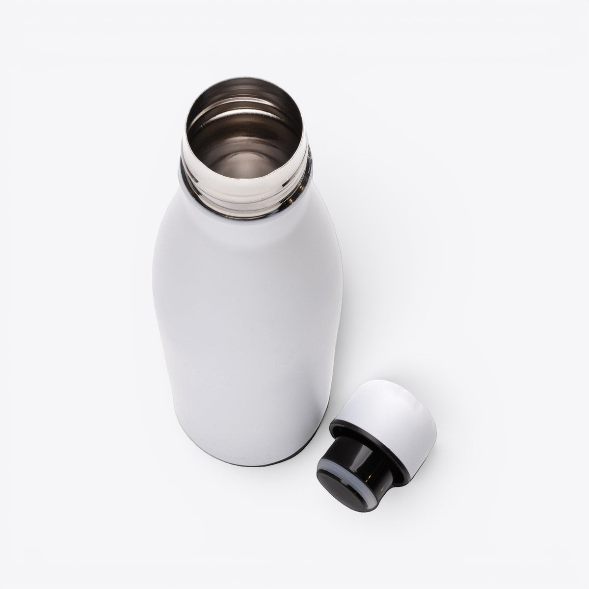 TODAY MERCH white stainless steel water bottle with a black and white cap, ideal for professional use and corporate gifts.